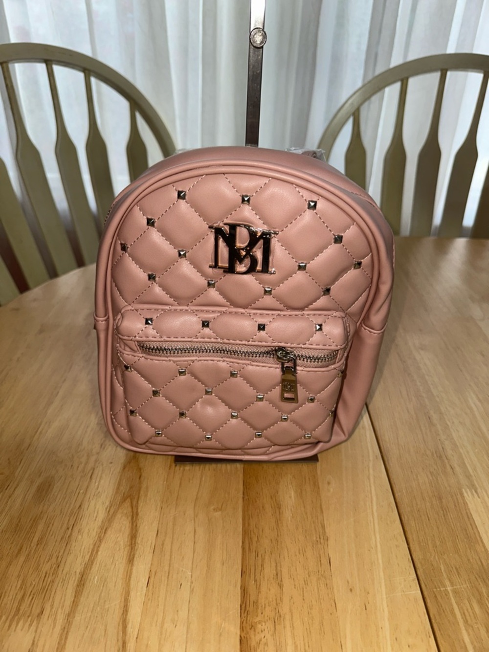 Badgley Mischka Blush Pink Quilted Mini Backpack with Gold Logo
